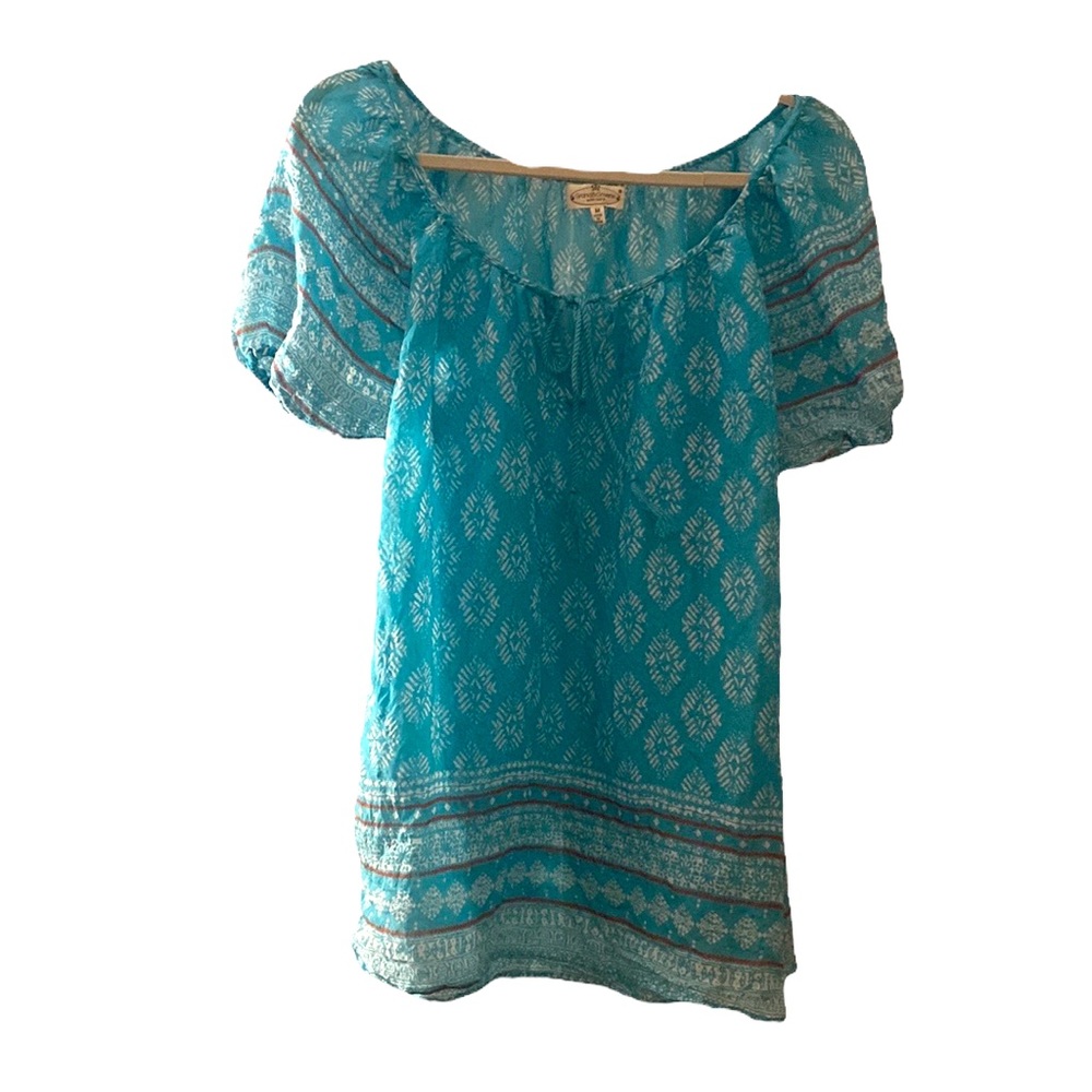 Shear Turquoise printed boho peasant top